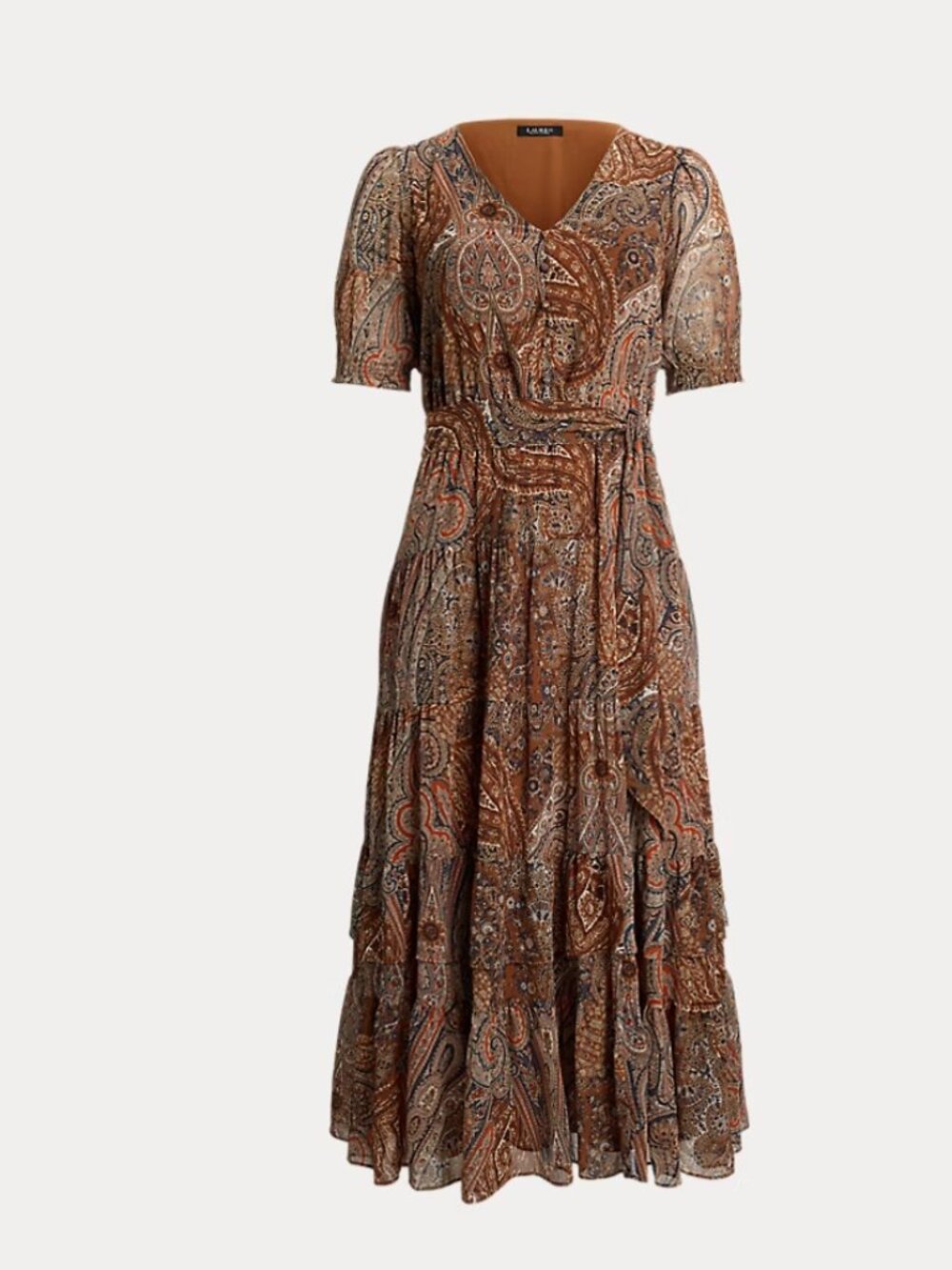 NWT Lauren Ralph Lauren Brown Paisley Belted Midi Dress Sz 6 Puff Sleeve Tiered - Picture 4 of 5